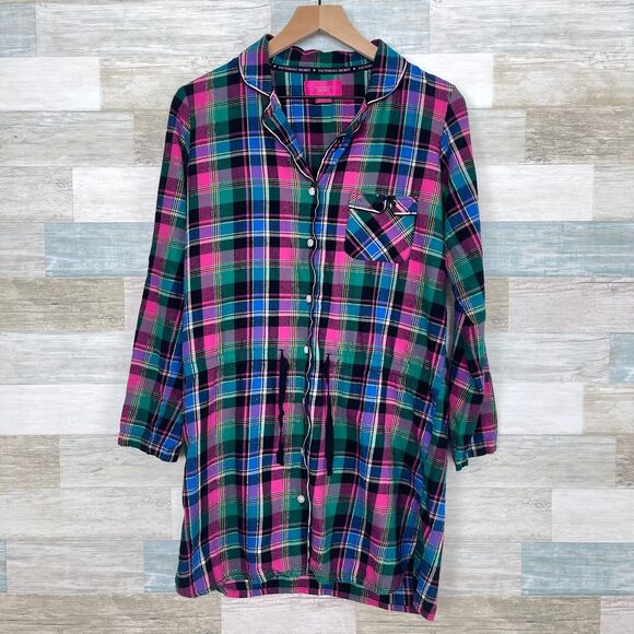 Victorias Secret Flannel Drawstring Waist Night Gown Dress Pink Plaid Womens XS - Picture 1 of 7